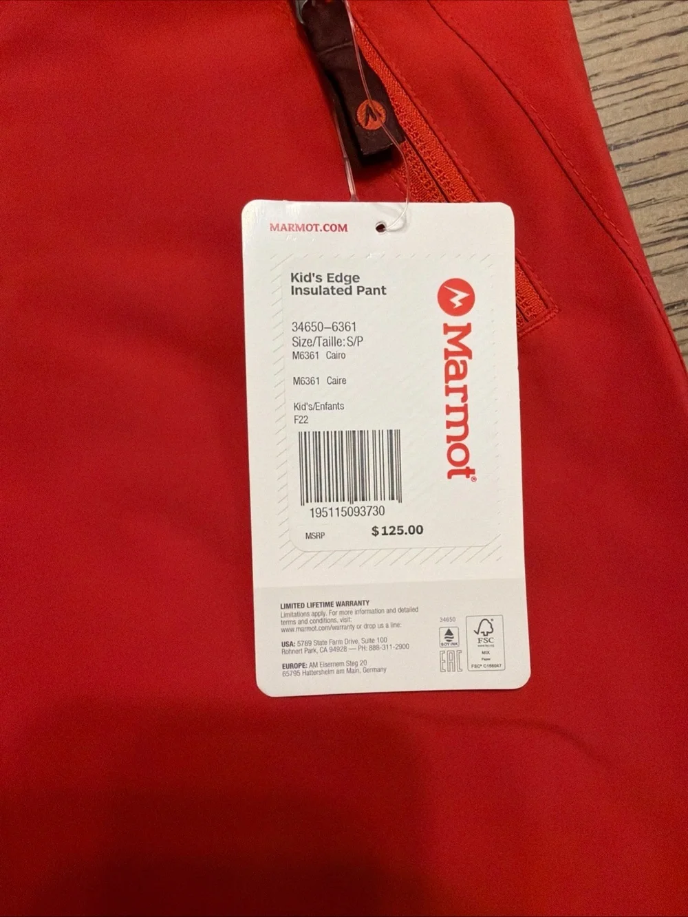 MARMOT Kid's Edge Insulated Snow Pant Size Small
